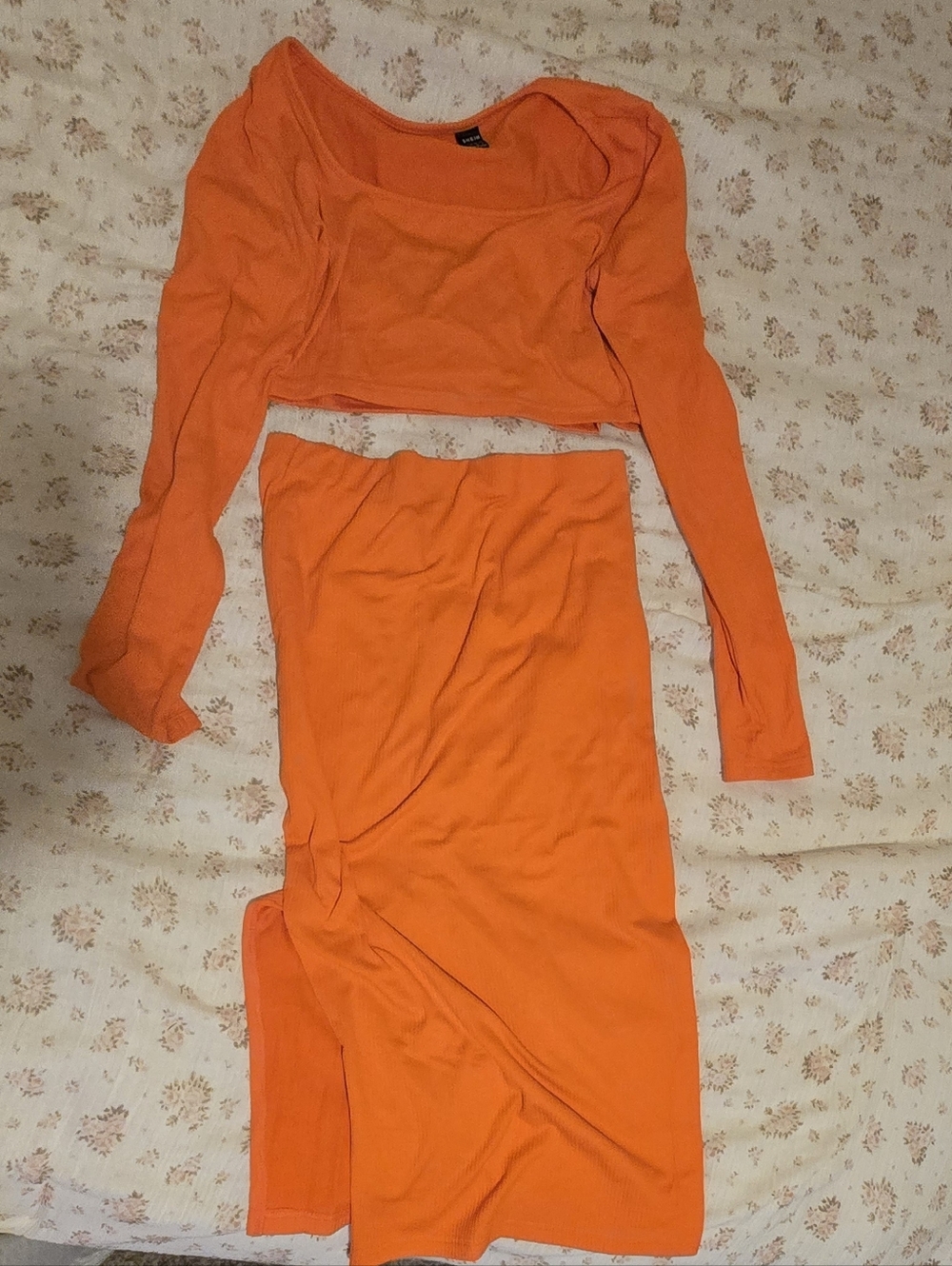 SHEIN Bright Orange Two-Piece Long Sleeve Crop Top & Maxi Skirt Set